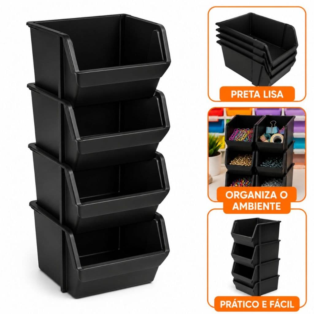 Kit Cesto Caixa Bin Mini Empilhavel 3/5/10 Preto Expositor Organizador Estoque Loja Plástico
