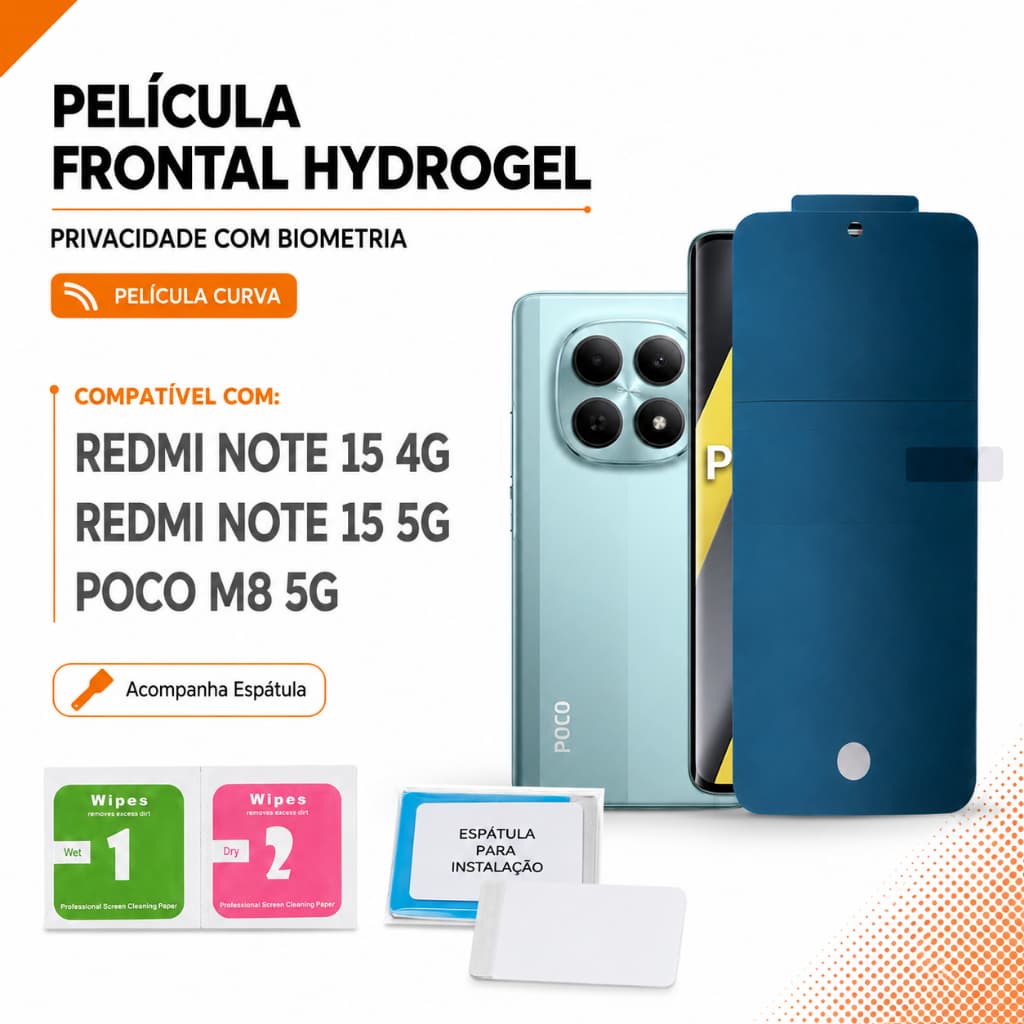 Pelicula Note 15 4G/ 5G / Poco M8 5G Peliculas Hidrogel de Privacidade Com Furo para Biometria Curva