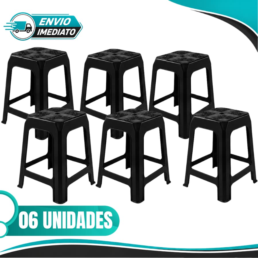 Kit 06 Banquetas de Plástico Preta Suporta até 120kg Resistente Durável