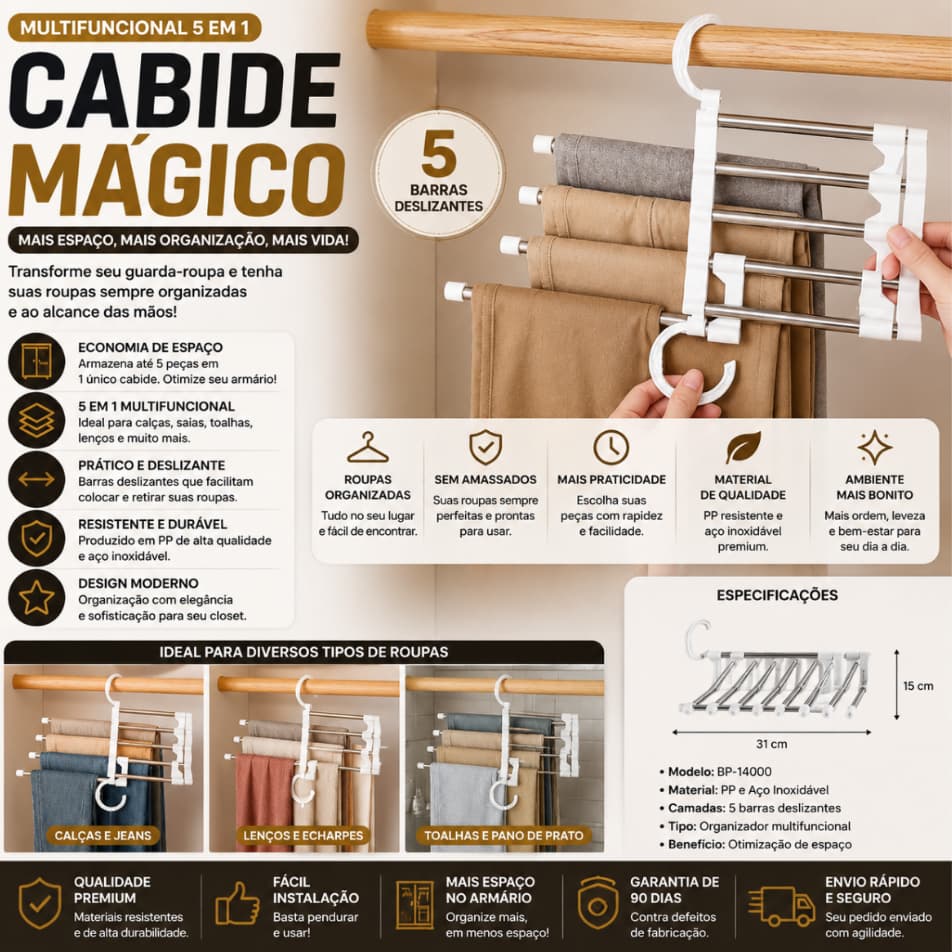 Cabide Mágico Multifuncional 5 em 1 para Calças e Roupas - BP-14000