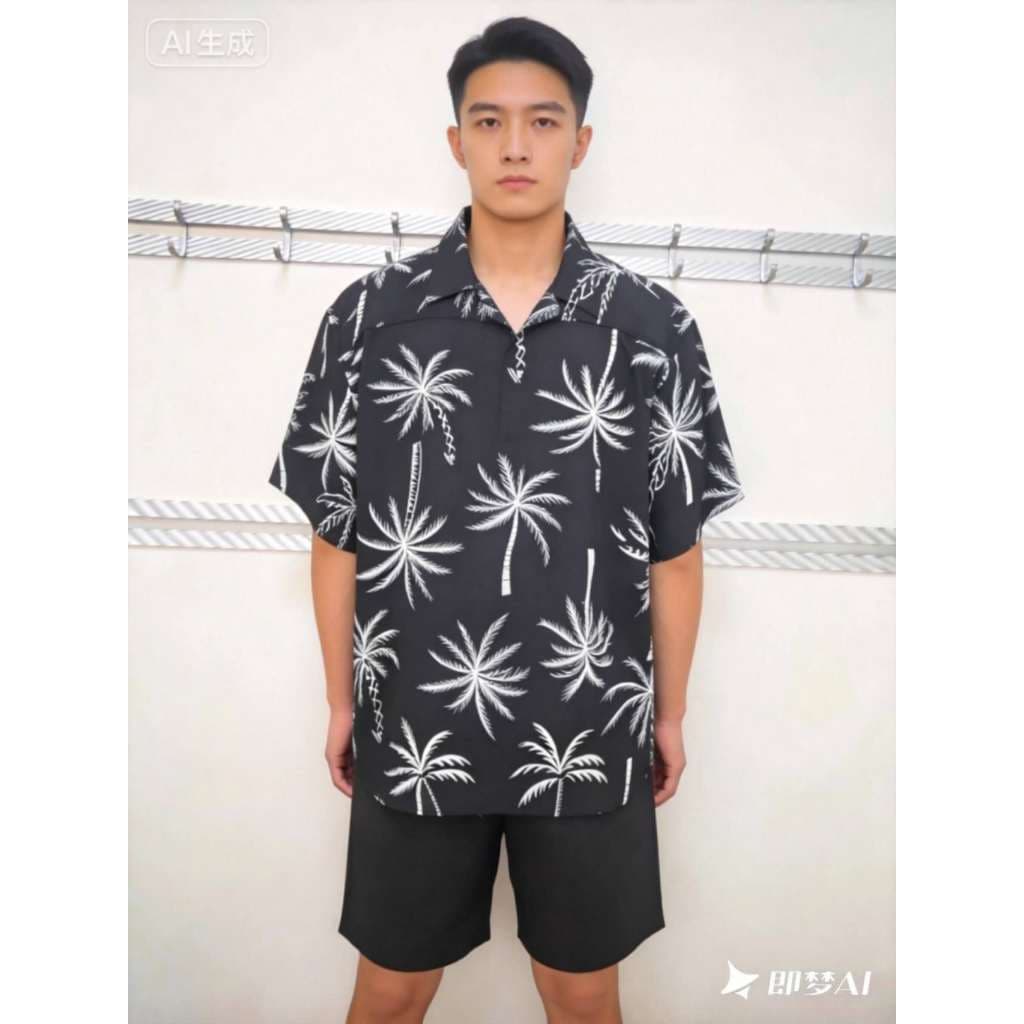 Camisa masculina casual de manga curta em algodão, com estampa tropical e fechamento frontal por botões, para um visual