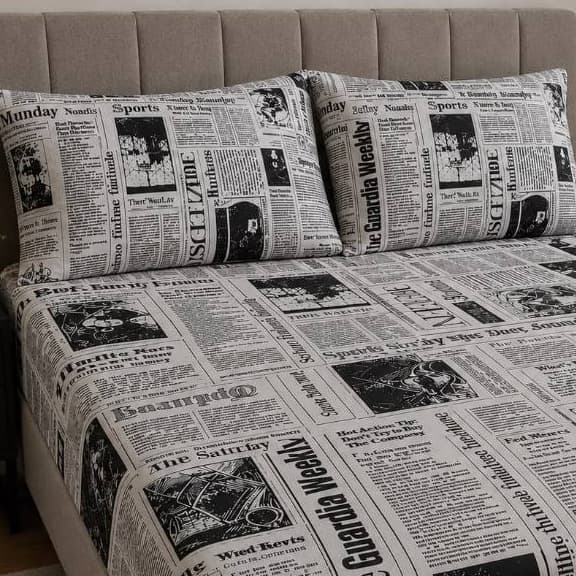 LENÇOL CASAL PADRÃO 3 PEÇAS 100% ALGODÃO ESTAMPA JORNAL