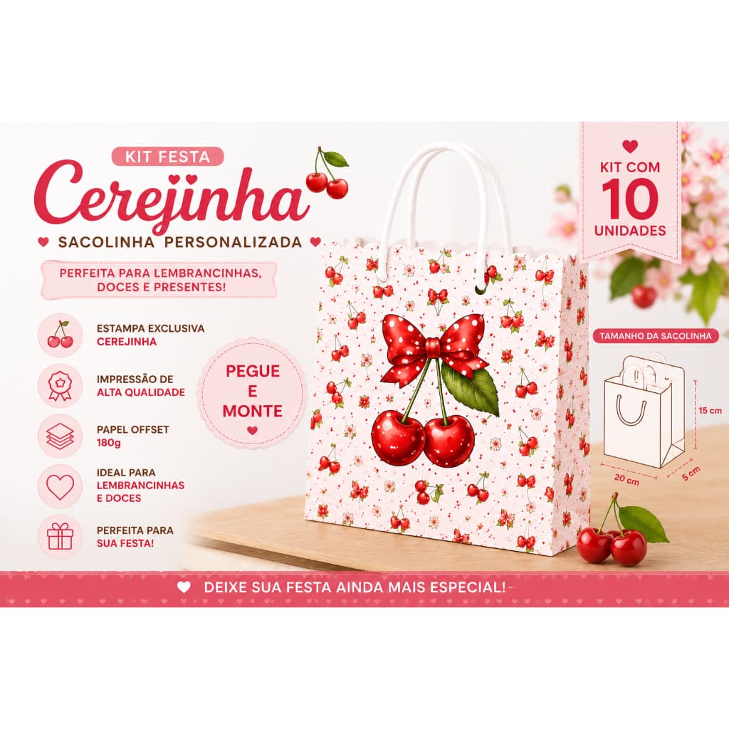 ENVIO IMÉDITO* Sacolinha Festa Cerejinha Personalizada | 20x15,2x6cm | Estampa Exclusiva | Pegue e Monte