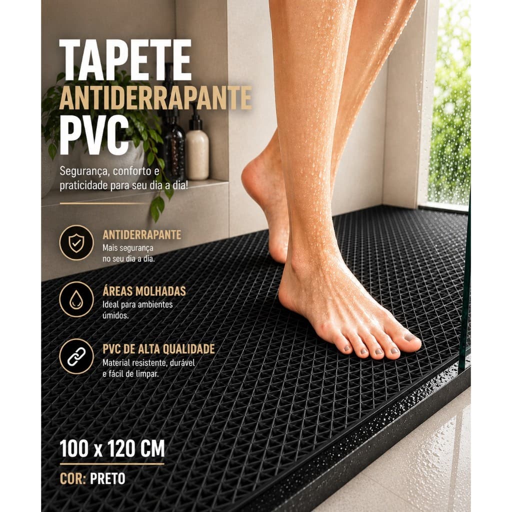 Tapete Antiderrapante Para Banheiro Box Piscina Sauna Área de Serviço Vestiário Lavanderia Preto 100x120