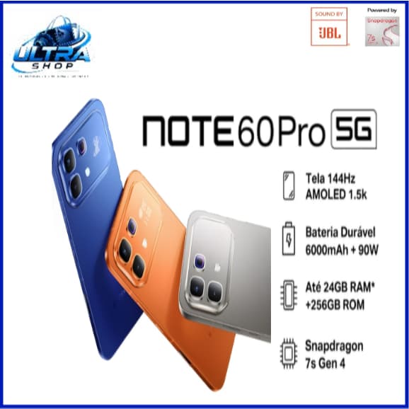SMARTPHONE INFINIX NOTE 60 PRO 5G 256GB+ 8GB RAM NFC | Tela AMOLED 6.78” 144Hz | 50MP | 6000mAh | Carregador por Indução