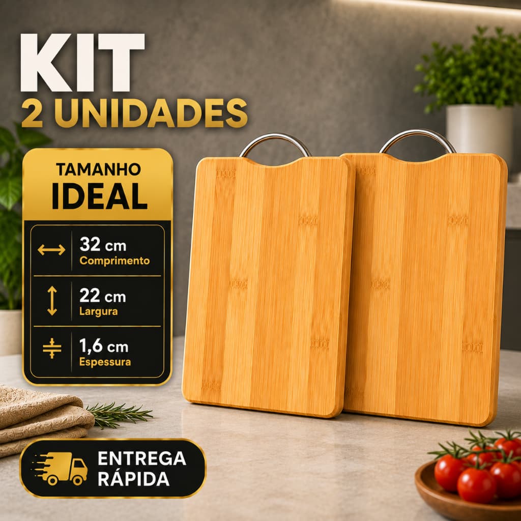 Tábua de Bambu com Alça em Aço Lisa Antibacteriana Premium 32x22x1,6cm Retangular Corte Cozinha Gourmet