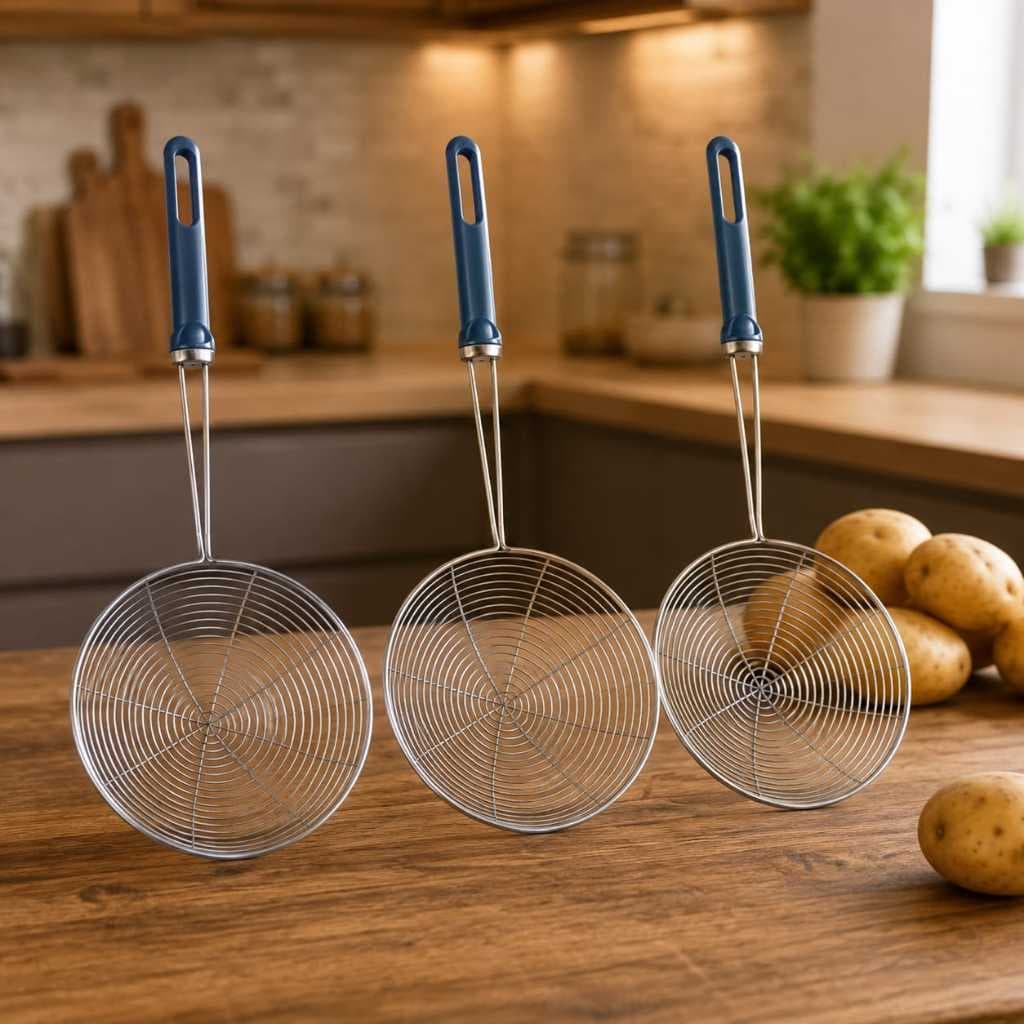 Escumadeira Grande Multiuso Para Cozinha Escorre Frituras Batata Pastel Salgado Cabo Confortavel