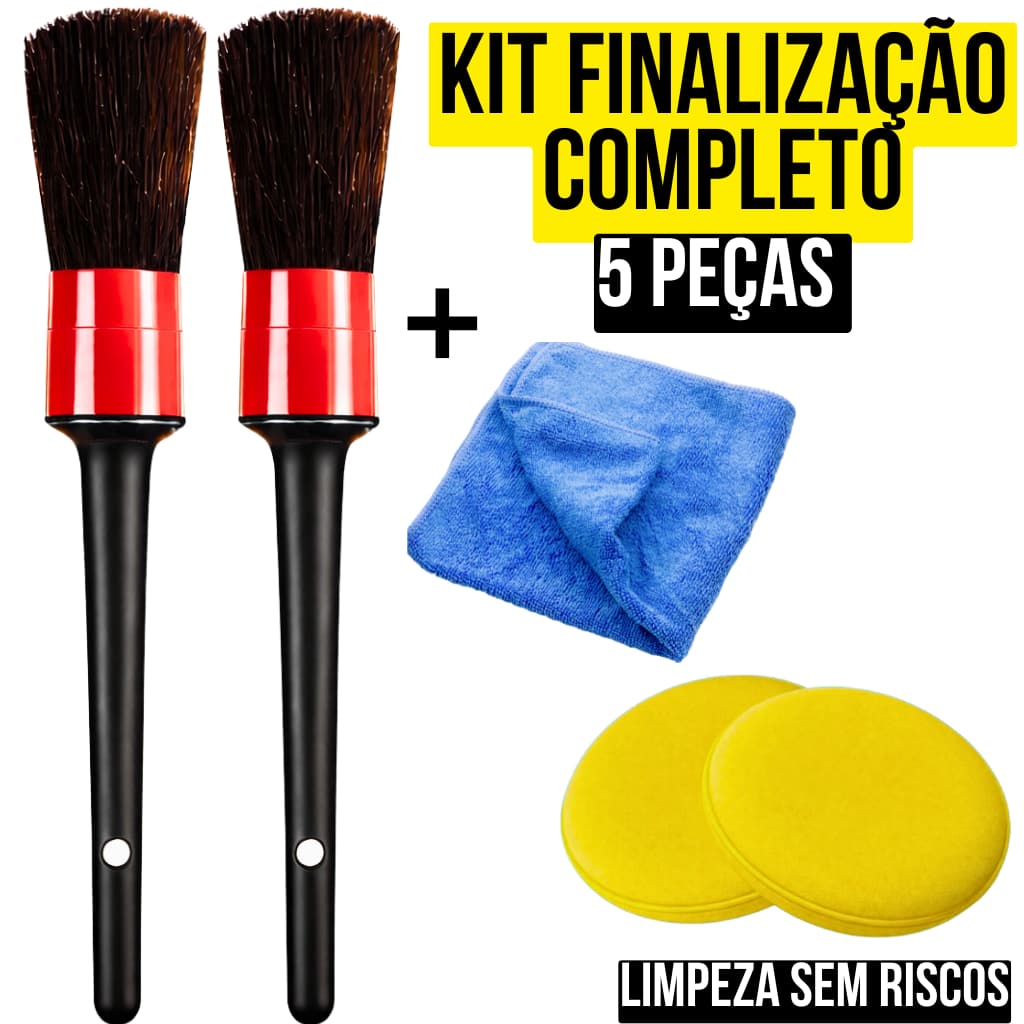 Kit Completo Limpeza Automotiva 5 Peças | 2 Pincéis + 2 Aplicadores + Toalha Microfibra Para Carro e Moto