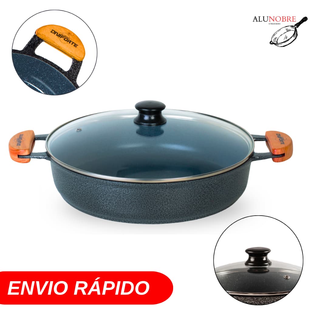 Frigideira 30 cm Antiaderente Preto Cerâmica Tampa De Vidro Alumínio Fundido
