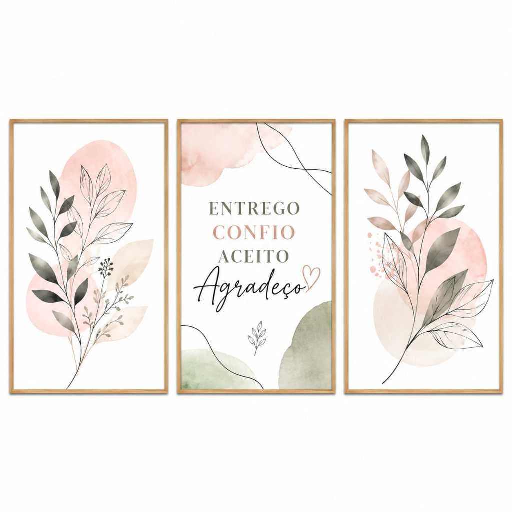 Kit Quadro Decorativo 122x60Cm Floral Minimalista Frase Entrego Confio Aceito Agradeço