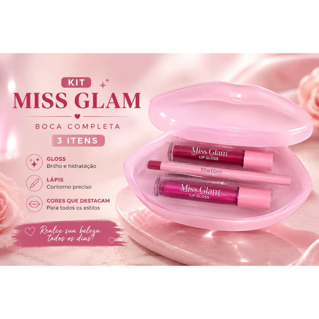 Kit Labial Miss Glam 3 Itens Gloss Labial + Lápis Labial Lip Gloss Brilho Hidratante