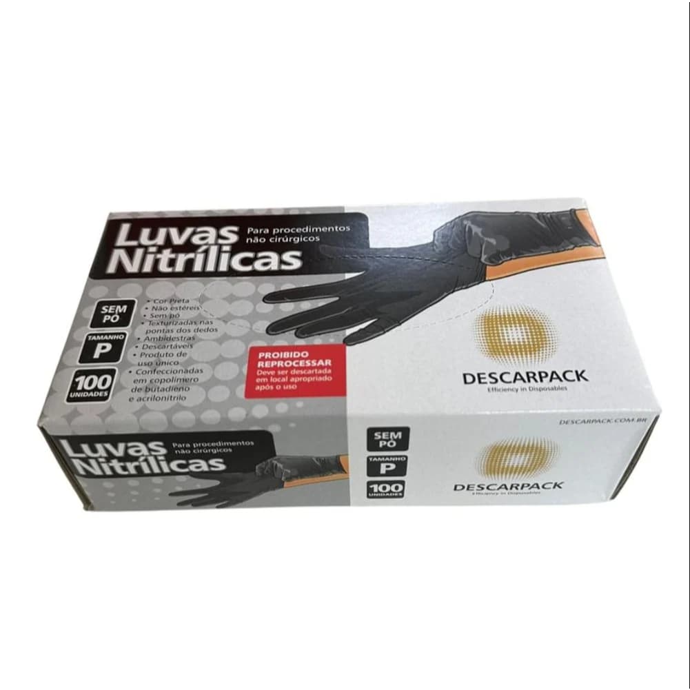 KIT 2CX Luva Nitrílica Preta Cx 100 Uni Sem Talco Descartável Procedimento P M G - Descarpack