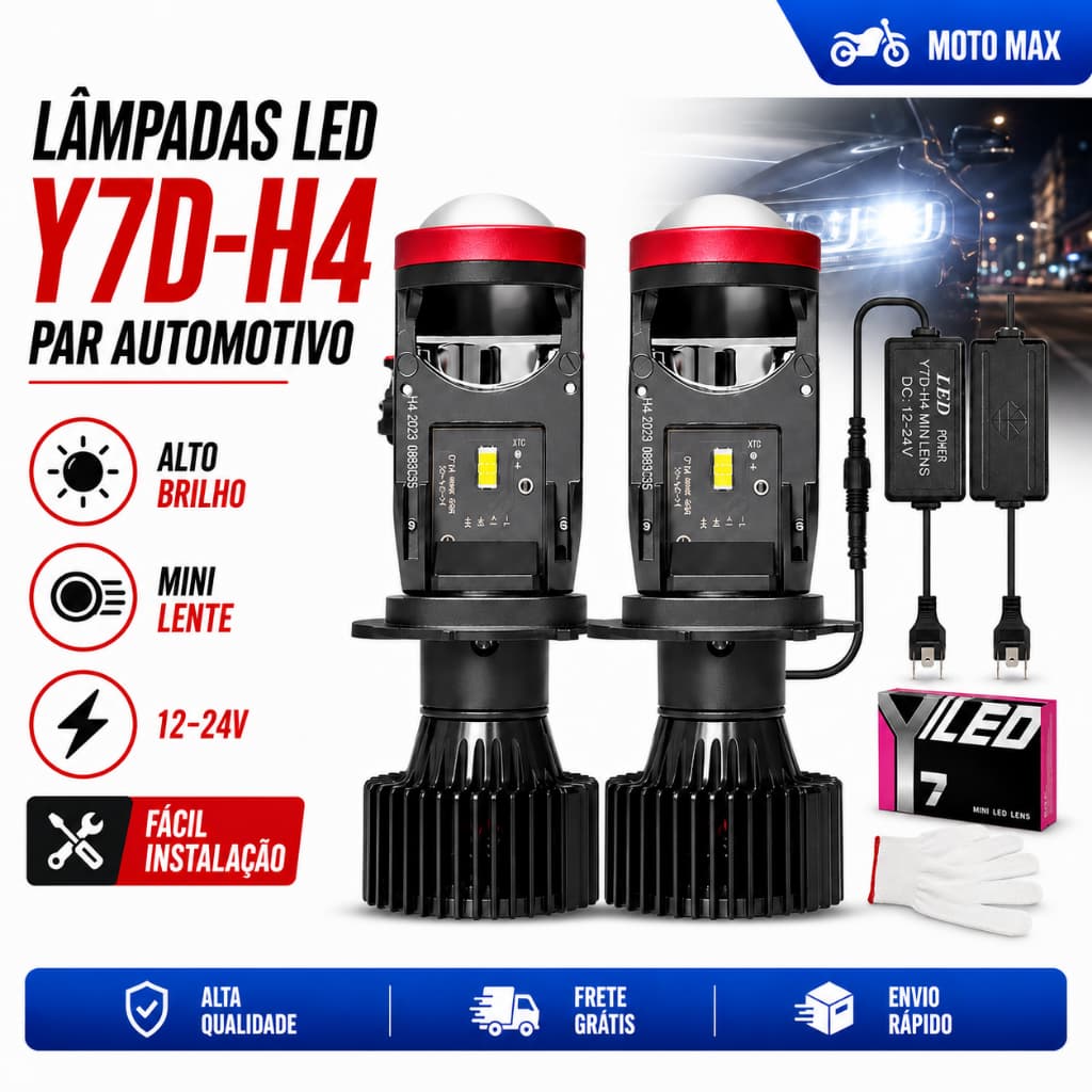 2PC Faróis LED Y7 H4 180W 30000LM - Alto/Baixo 6500K com Mini Projetor - Compatível com Carros e Motos