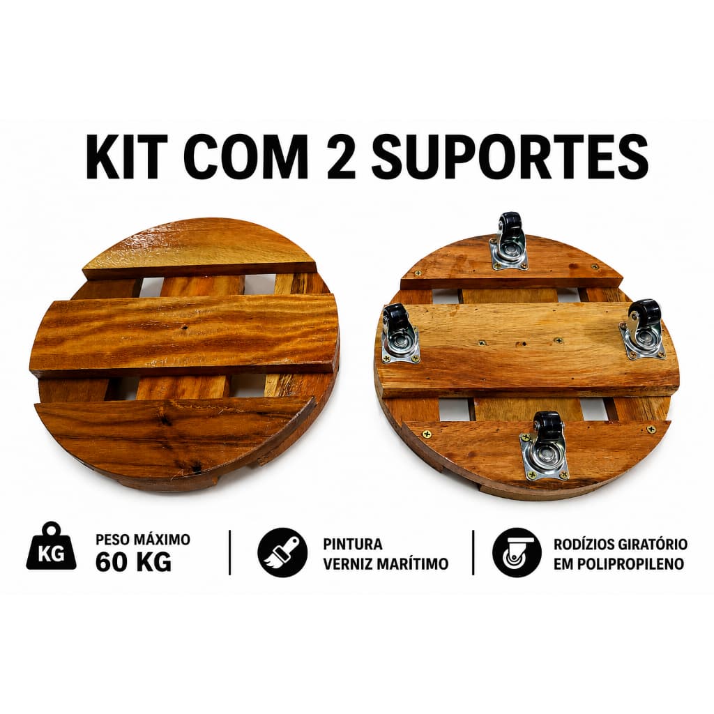 Kit 2 Suportes Redondo c/25 cm com Rodízios Giratórios Para Vasos, Botijão de Gás, ou Galão de Agua, em Madeira