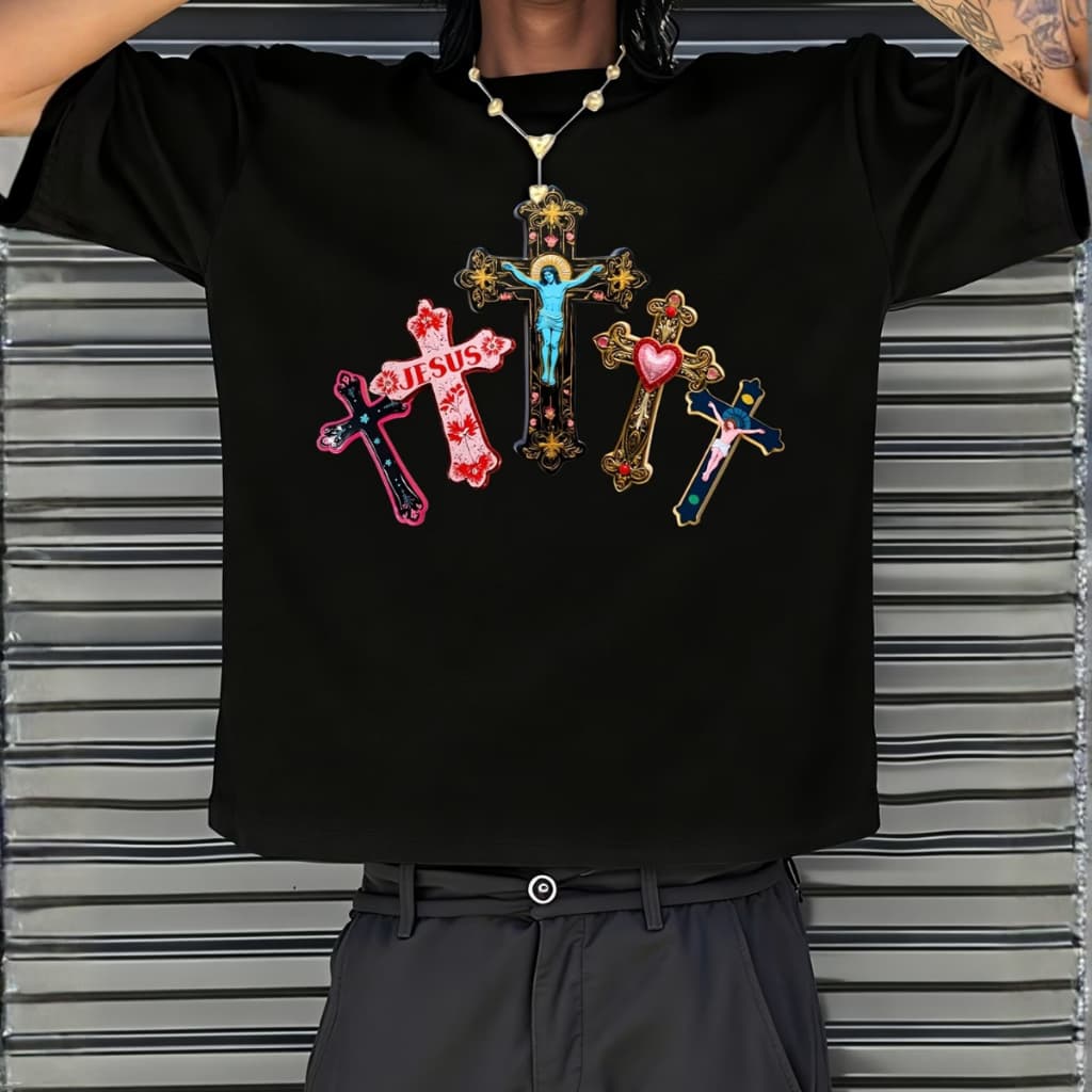 Camiseta Oversized Cristã Cruzes Jesus Estampada Streetwear Masculina Feminina