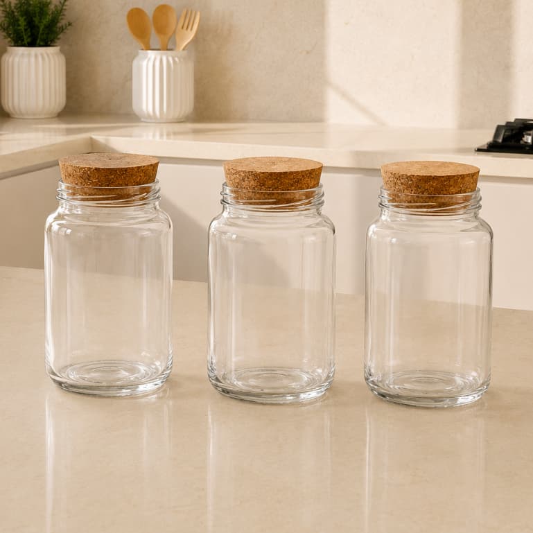 Kit 3 Potes Pequenos de Vidro 600 ml com tampa cortiça