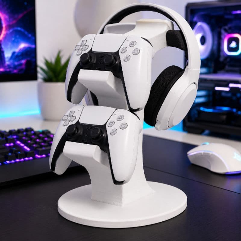 Suporte Gamer para 2 Controles PS5 + Headset | Organizador de Mesa para Setup Gamer | Compatível DualSense