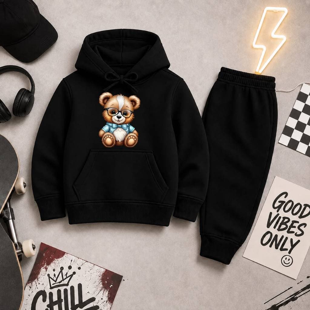 Conjunto Moletom Infantil Canguru Unissex Flanelado Casaco com Capuz e Calça Premium Estampa de Ursinho Fofo Óculos