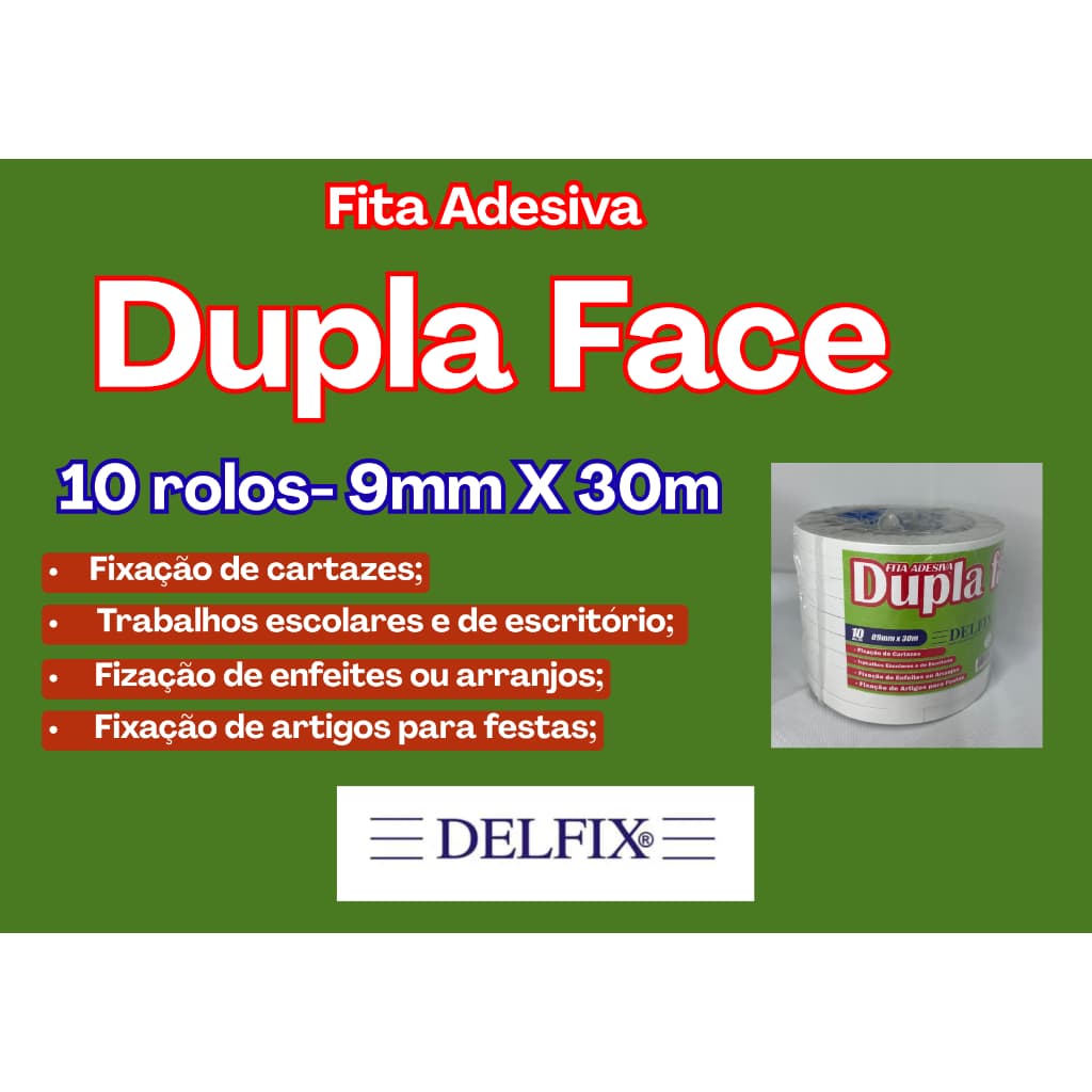 Fita Adesiva Dupla Face Delfix 9mm - 10 Rolos de 30 metros