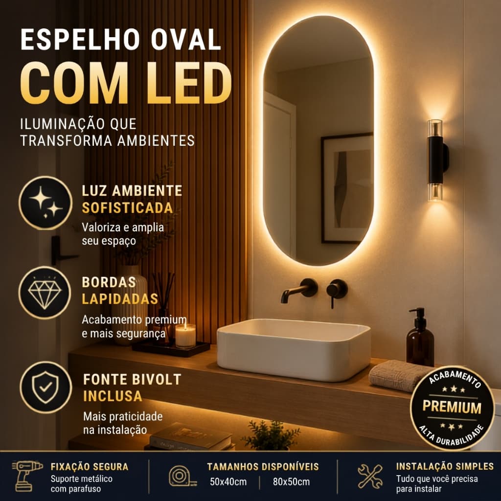 Espelho Grande de Parede com LED Quente Frio Lapidado Luxo para Banheiro Lavabo e Penteadeira