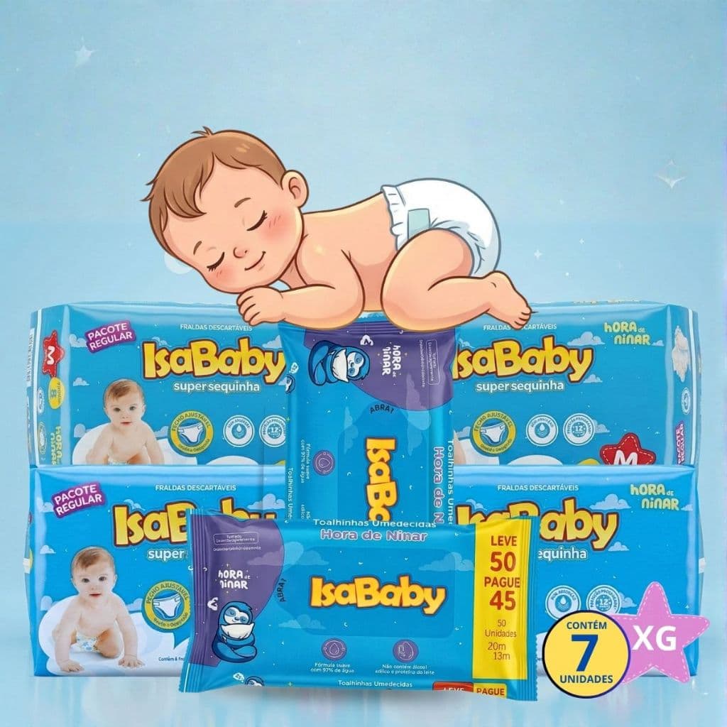 Kit 4 Fraldas XG Descartavei Isababy + 2 Pacote Lenço Umedecido Sem Alcool