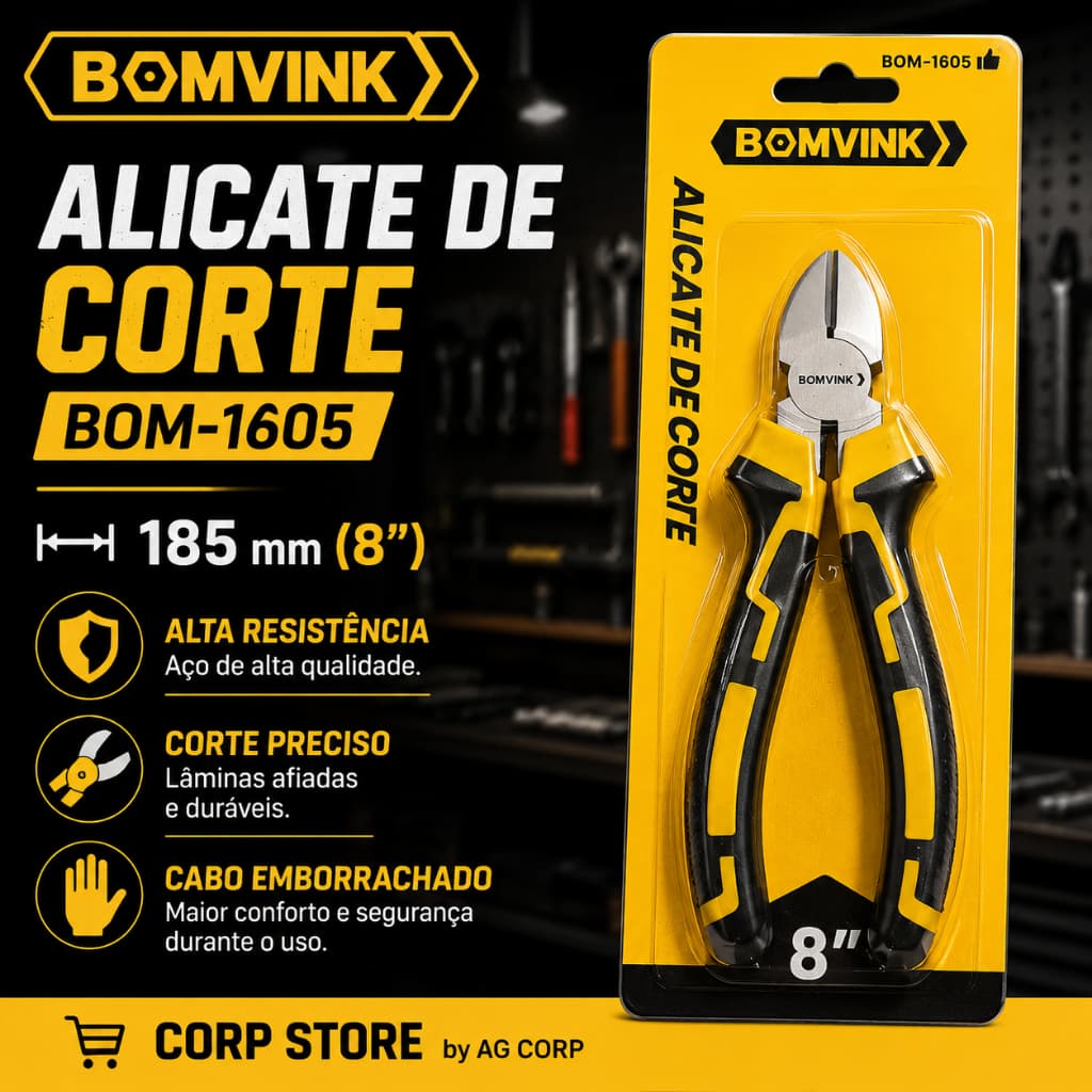 Alicate de Corte Bomvink BOM-1605 8 Polegadas 185 mm Profissional com Cabo Emborrachado