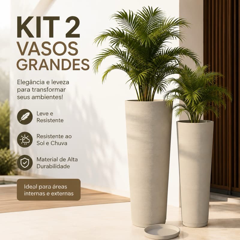 Kit 2 Vasos de Polietileno para Plantas Grande Decorativo com Prato Coletor 59cm e 71cm