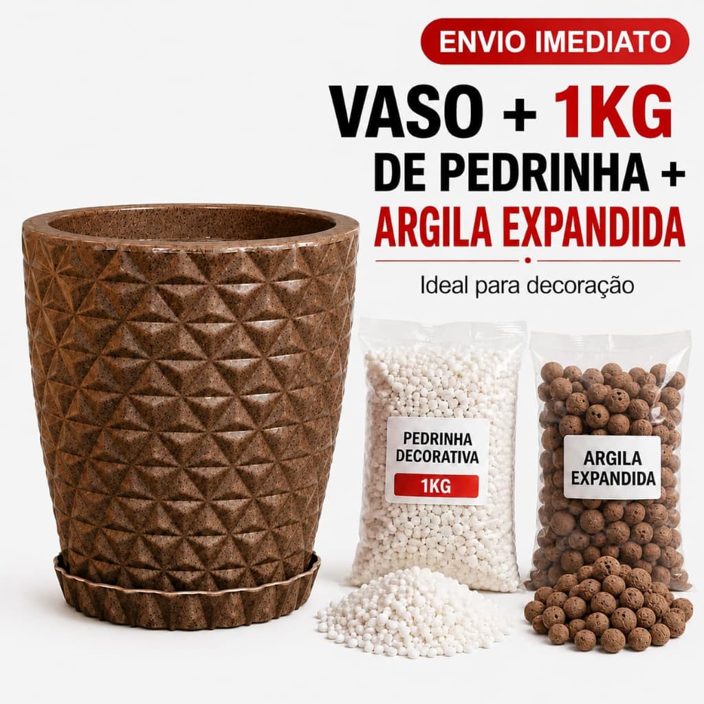 Kit Vaso Decorativo Para Plantas Com Pedrinhas e Argila Expandida Sala