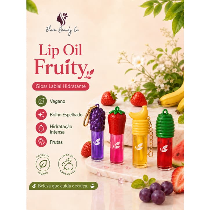 Lip Oil Fruity Gloss Labial Hidratante Vegano Brilho Espelhado Frutas com Chaveiro