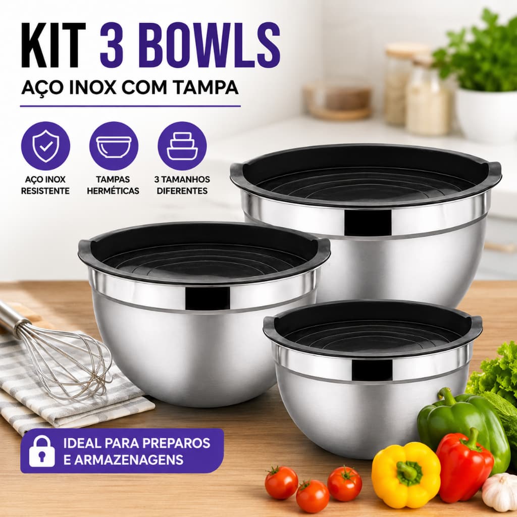 Bowl de Aço Inox com Tampa de Silicone Kit 3 Tamanhos para Armazenar Alimentos e Preparos