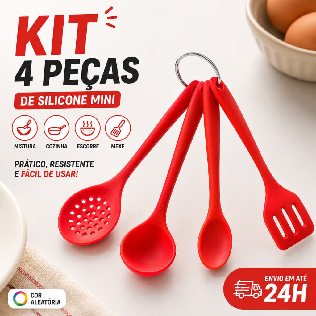Kit 4 Mini Utensílios de Cozinha Silicone Colher Concha Espátula e Escumadeira