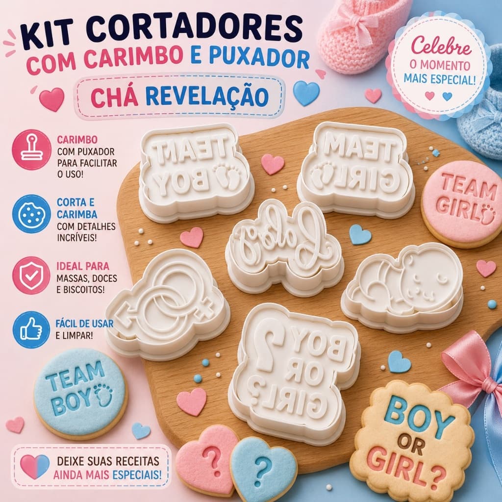 Kit 6 Cortadores Chá Revelação com Carimbo e Puxador para Massas, Biscoitos e Pasta Americana