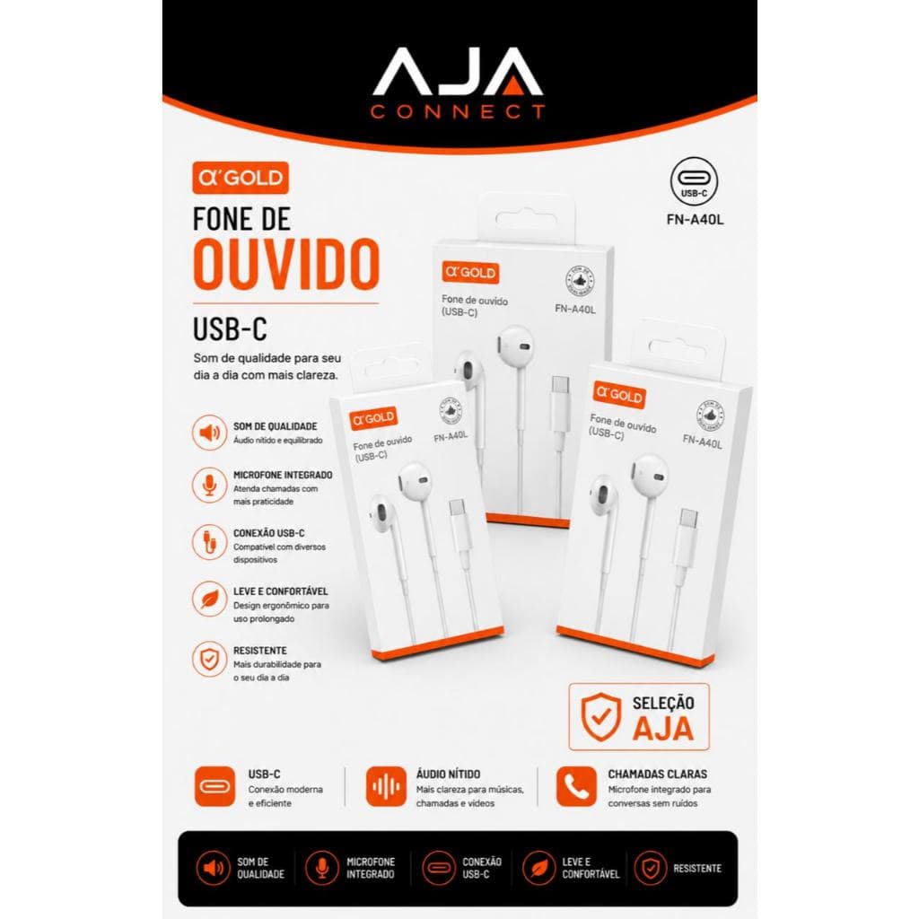 Fone de Ouvido USB-C α’GOLD PRO FN-A40L com Microfone para Celular Tipo C