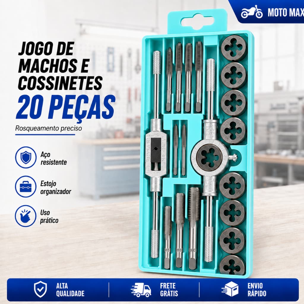 Kit Macho e Tarracha em Aço 20 Peças   Ferramenta de Reparo Rosca M3-M12 para Uso Manual Ajustes Técnicos e Rosqueamento