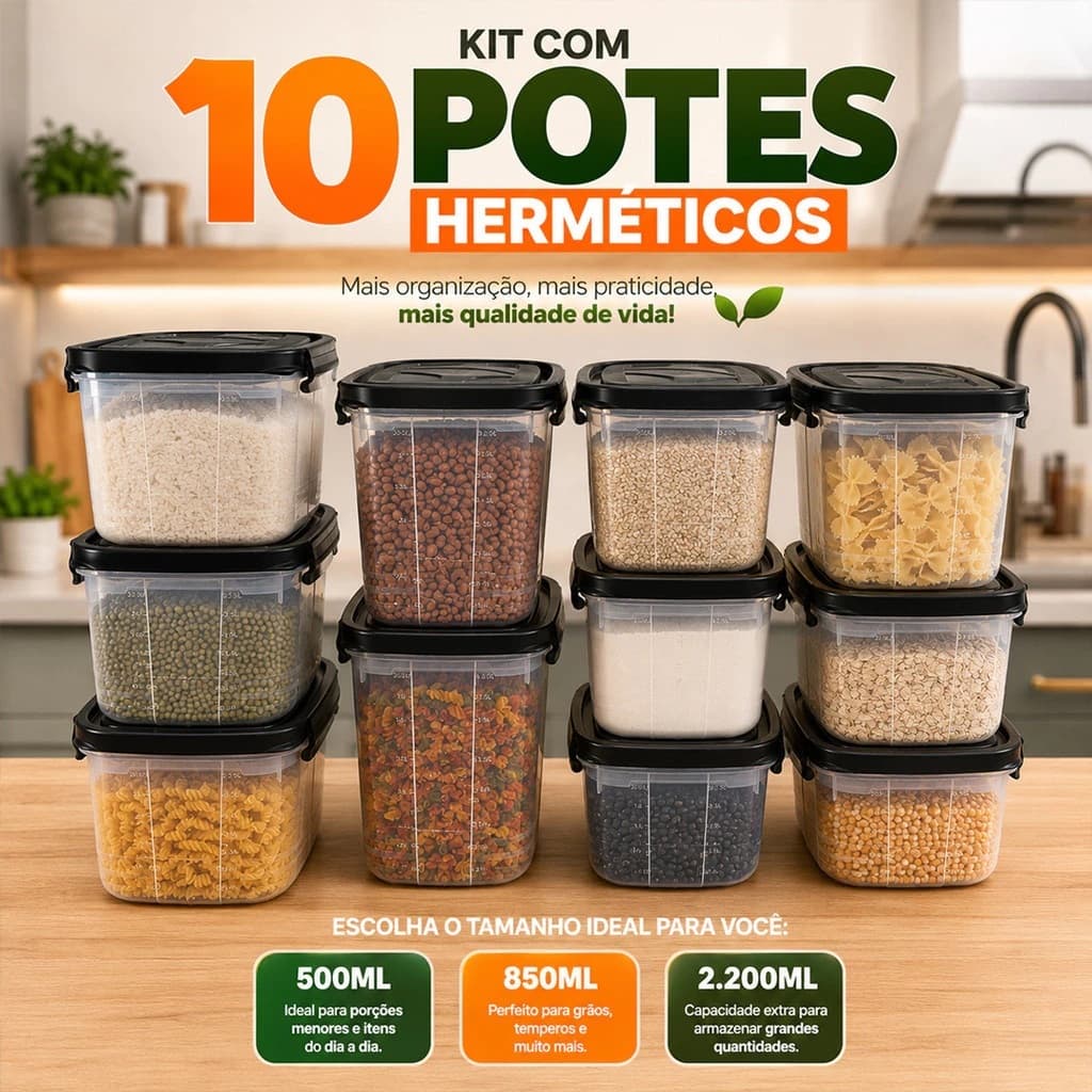 Kit 10 Potes Herméticos 850ml com Travas para Refeições e Marmitas