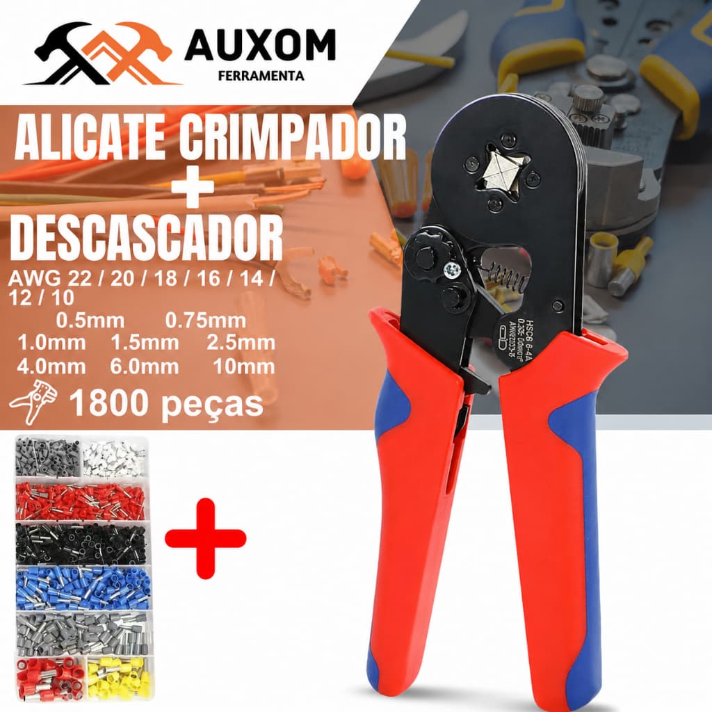 AUXOM Kit Alicate Eletricista Profissional - Crimpador com 1800 Terminais e Ilhós Inclusos
