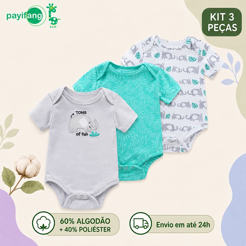 Payifang Kit 3 Bodies Bebê Menino Manga Curta Elefante 60% Algodão Roupa Infantil 3M 6M 9M