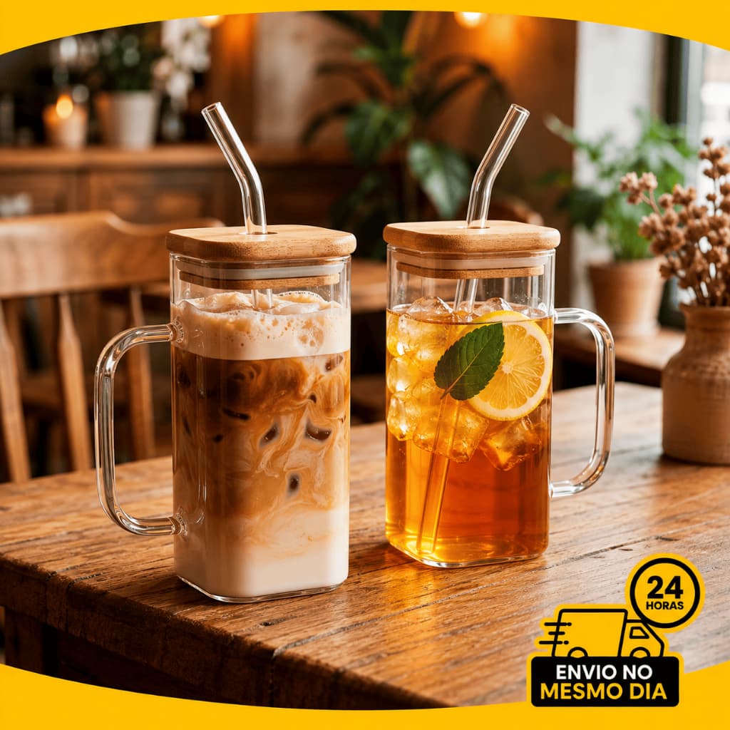 Conjunto Copos De Vidro Com Tampa de Bambu e Canudo de Vidro 400ML Bebidas Drinks Café Capuccino
