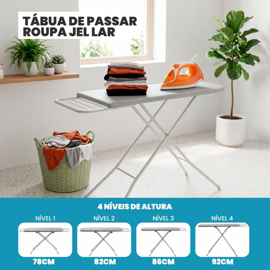 Tábua de Passar Roupa Reforçada Dobrável 4 Alturas Regulável Portátil Estável  Com Forro Térmico Jel Lar