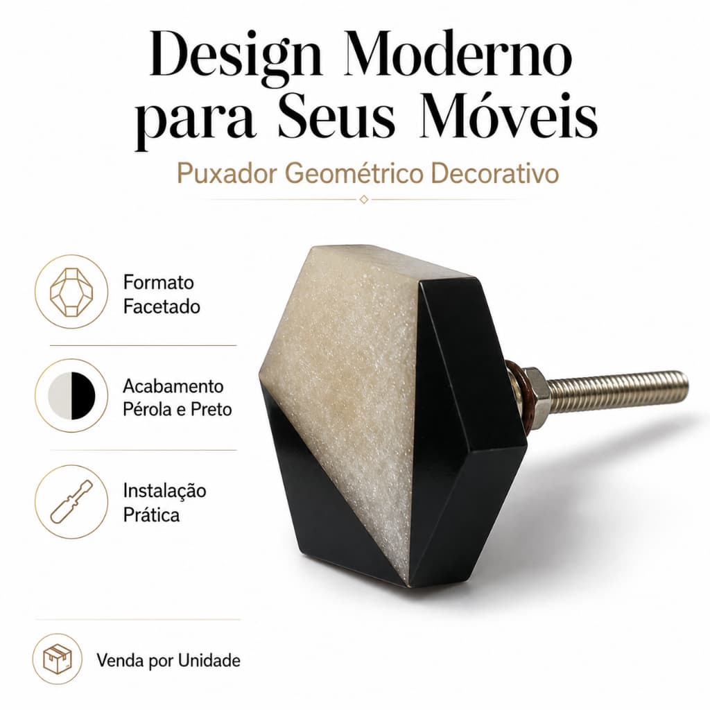 Puxador Requinte Hexágono Geométrico Preto Branco Resina