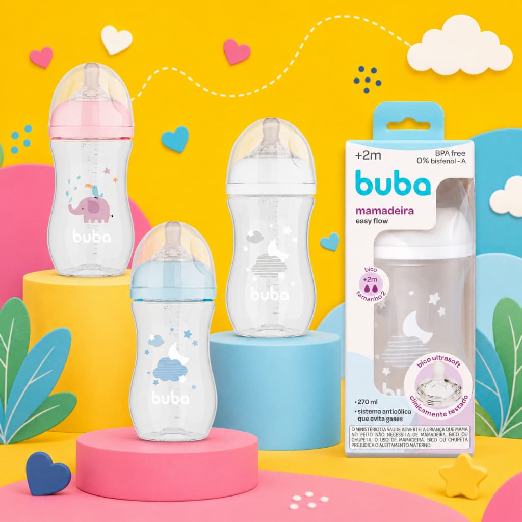 Buba Mamadeira Anticólica Easy Flow Bico Pétala 270ml +2m Branco Rosa ou Azul