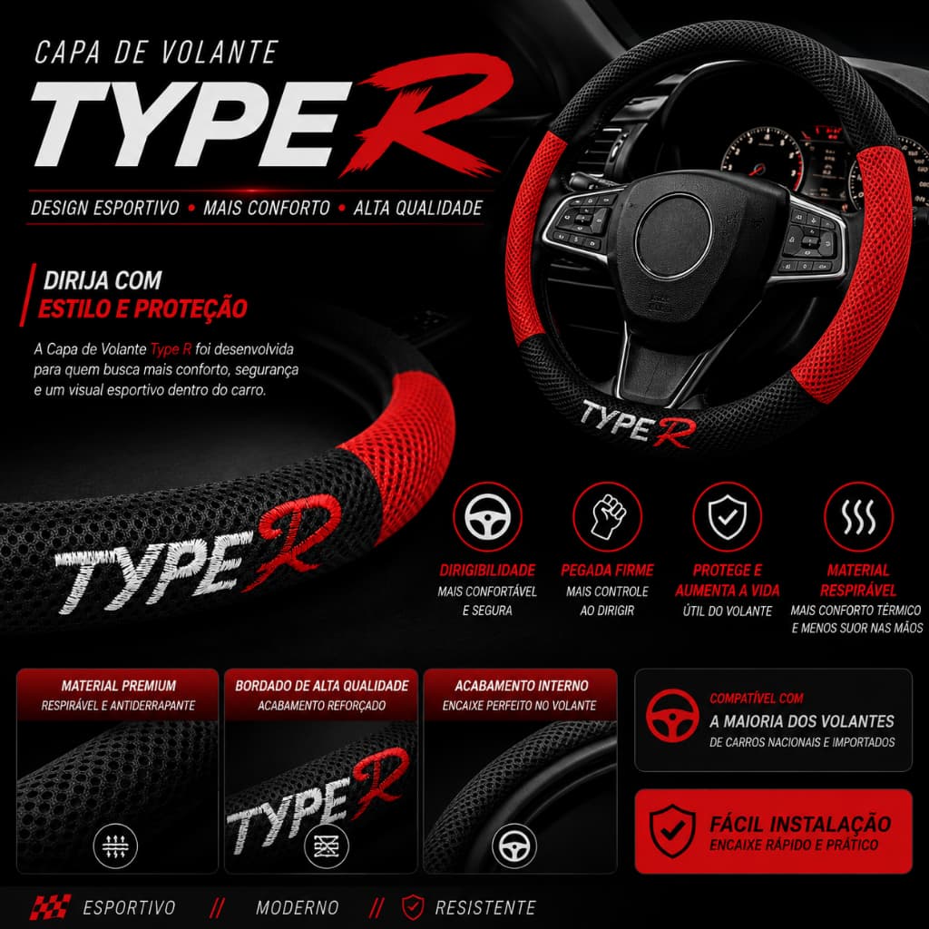 Capa Volante Automotivo Esportivo Typer Macio Confortável Antiderrapante Respirável  Fácil Colocação