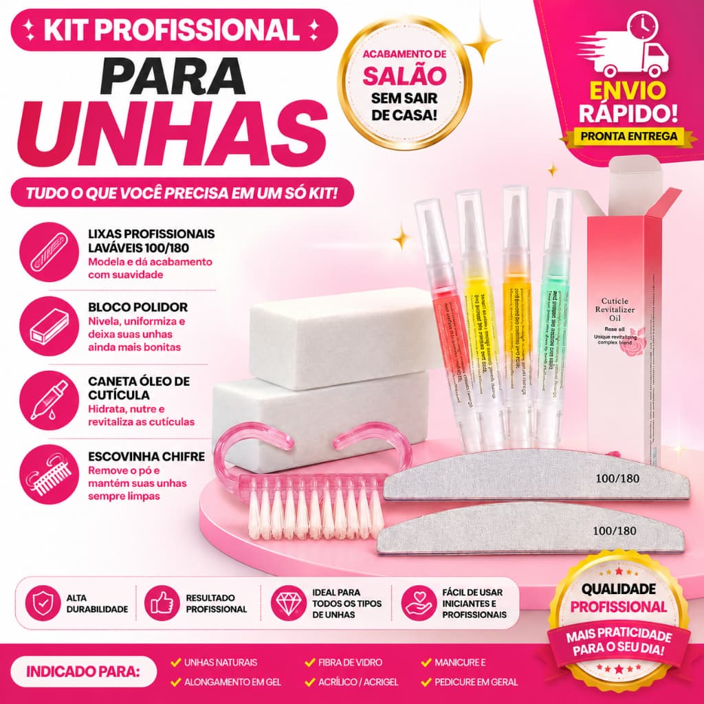 KIT LIXAS UNHAS BLOCO POLIDORA LIXA PROFISSIONAL LAVÁVEL CANETA ÓLEO ESCOVINHA ENCAPSULAMENTO TIPS