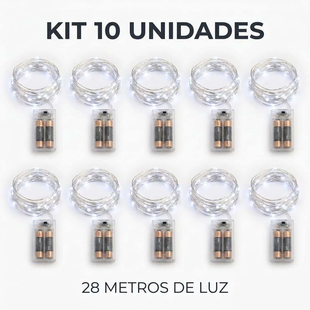 Kit 10 Fio de Fada LED 2,80m Branco Frio a Pilha AAA Cordão de Luz Fixa Arame Prata Decoração Festa Casamento Natal