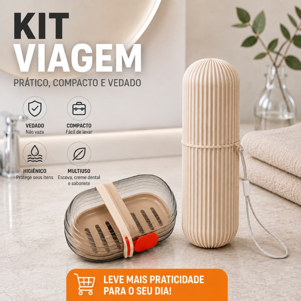 Kit Saboneteira e Porta Escova de Dente Creme Dental Portátil Viagem Vedada Compacta Multiuso