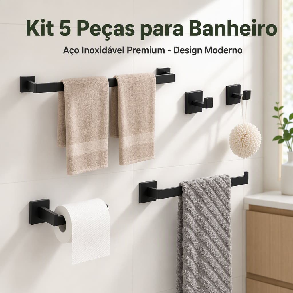 Kit 5 peças acessórios de banheiro inox 304 preto barra toalha porta papel higiênico e ganchos Antiferrugem suporta 15KG