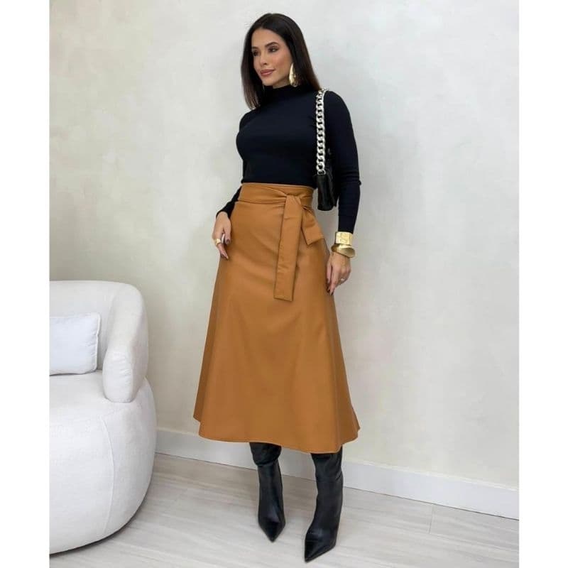 Saía feminina couro midi
