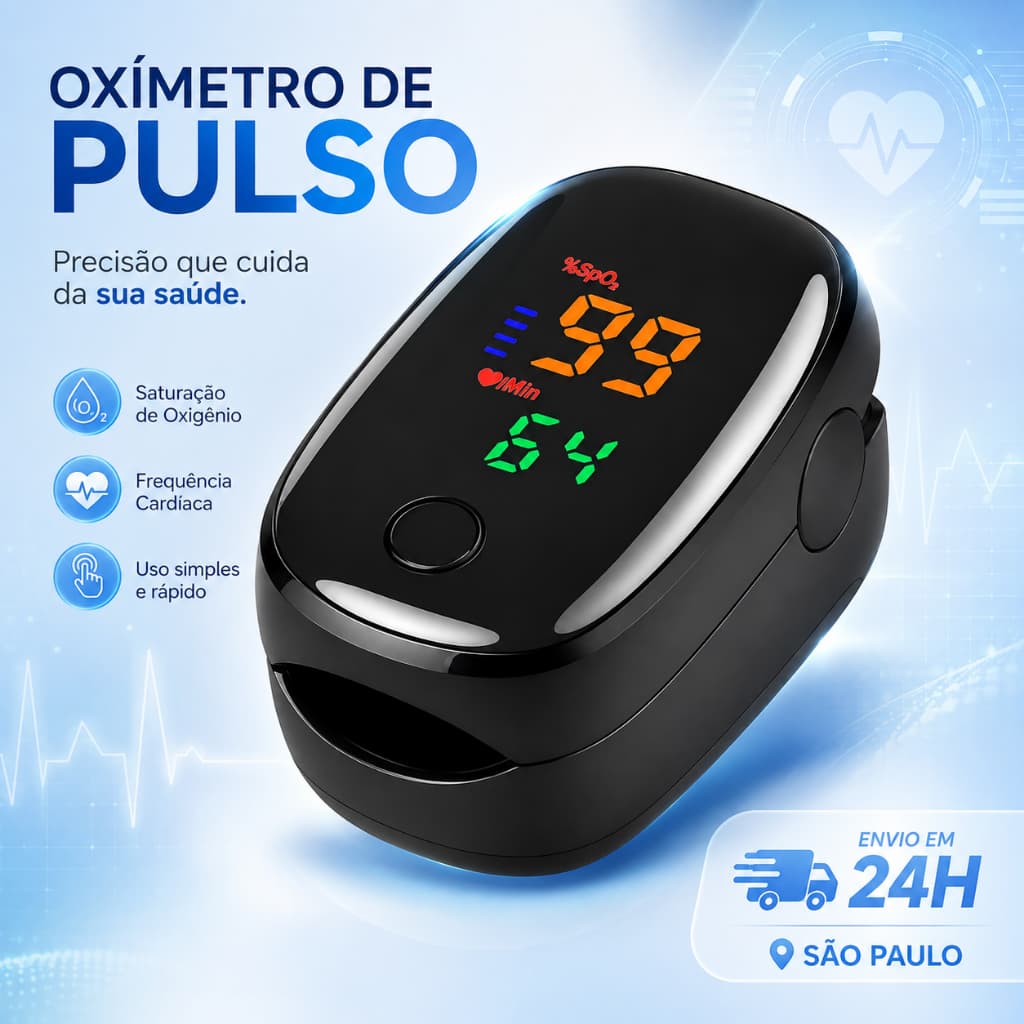 Oxímetro de Pulso Digital para Dedo Medidor de Oxigênio no Sangue e Batimentos Cardíacos LED