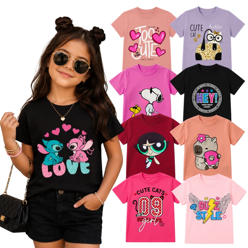 Camiseta Infantil Juvenil Menina Sortido Manga Curta Tamanho 1 ao 16 | Camiseta Feminina Infantil Juvenil Adolescente