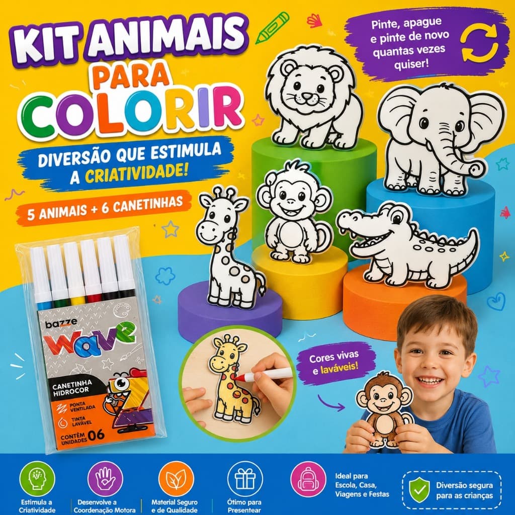 Kit Animais Para Colorir Infantil 5 Desenhos + 6 Canetinhas Laváveis Educativo 3D